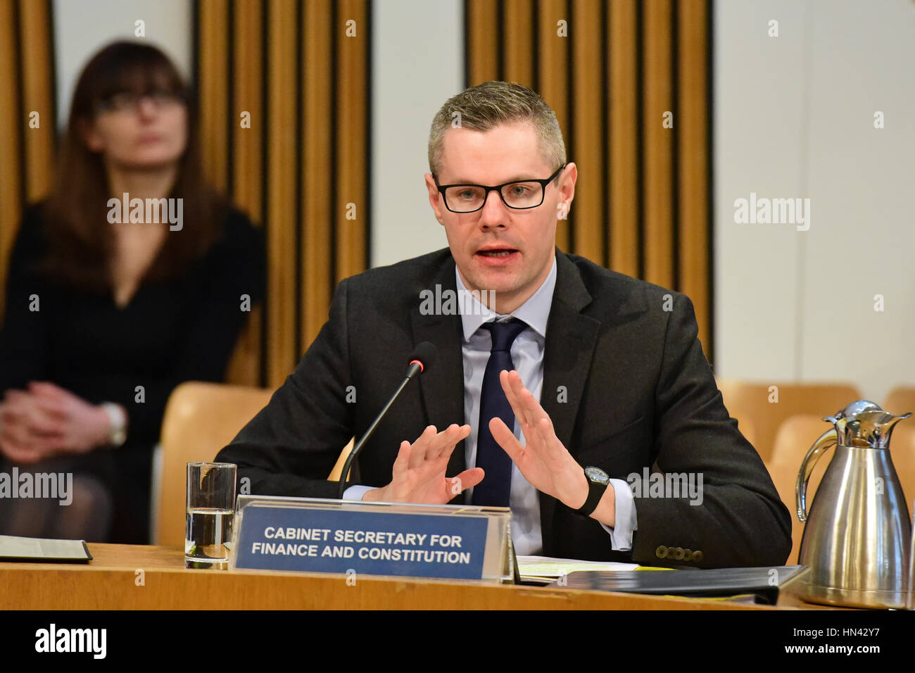Edinburgh, UK. 8th Feb, 2017. Cabinet Secretary for Finance Derek Mackay gives evidence to the Finance and Constitution Committee of the Scottish Parliament, at the beginning of Stage Two of the Budget (Scotland) Bill, Credit: Ken Jack/Alamy Live News Stock Photo