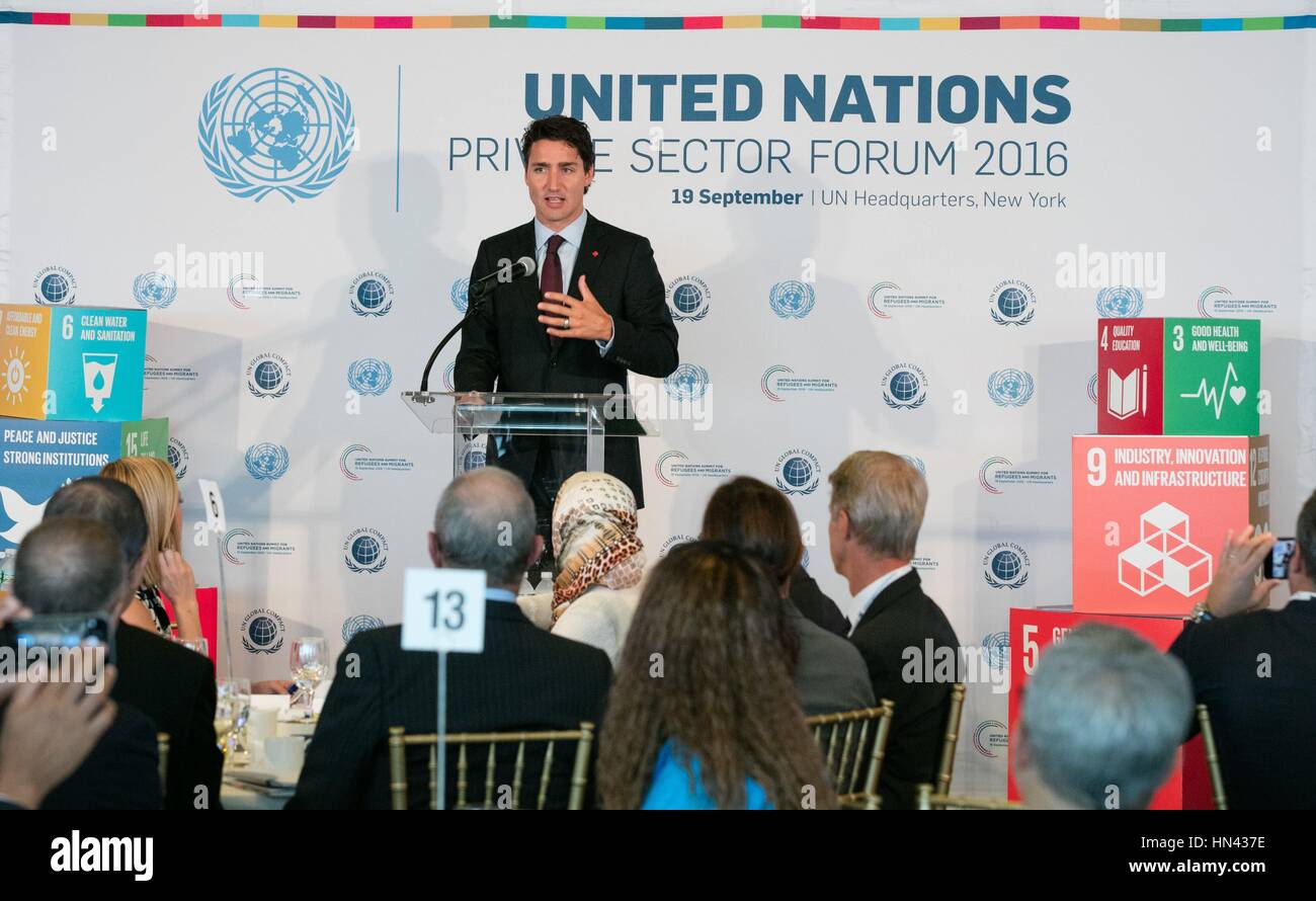 United Nations, New York, USA, September 19 2016 - Justin Trudeau, Prime Minister of Canada, addresses the United Nations Private Sector Forum 2016 during the UN High-Level Meeting of the General Assembly to address Large Movements of Refugees and Migrants today at the UN Headquarters in New York. Photo: Luiz Rampelotto/EuropaNewswire | usage worldwide Stock Photo