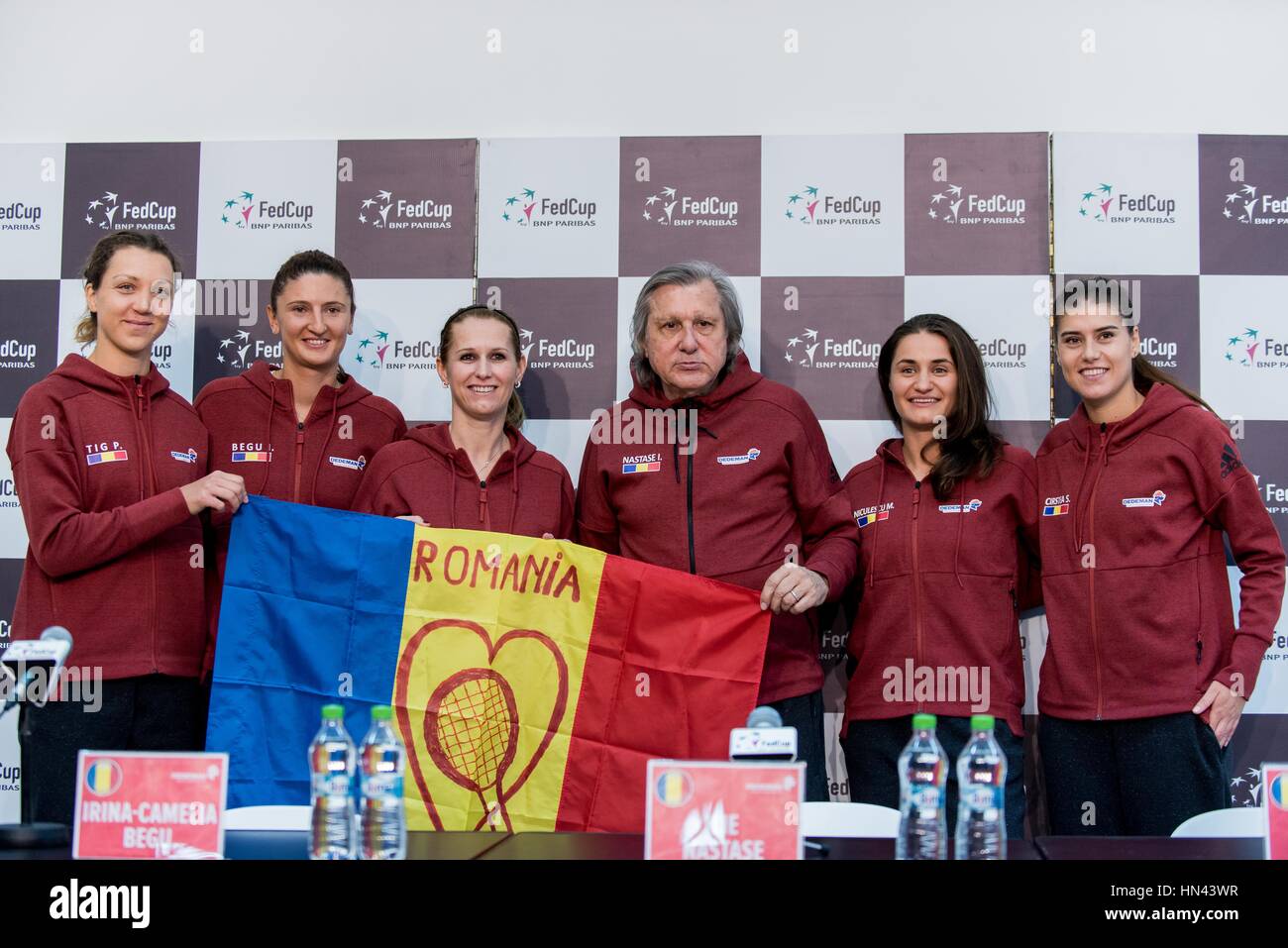 Bucuresti Romania 08th Feb 2017 From Left To Right Patricia Tig Irina Begu Alina Tecsor Ilie Nastase Monica Niculescu And Sorana Cirstea During The Fed Cup By Bnp 2017 Game Between Romania