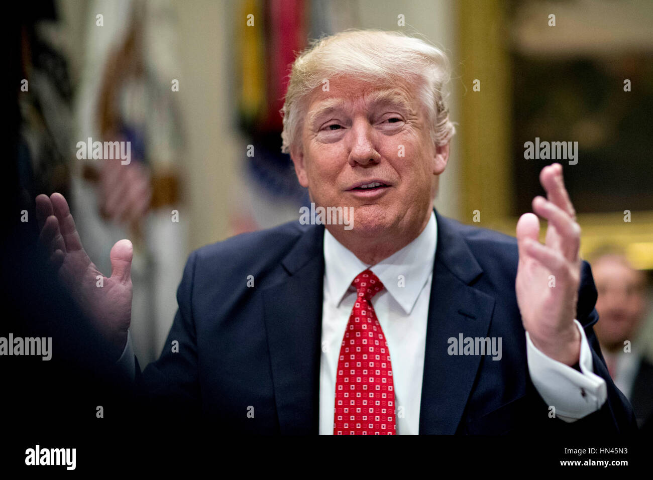 U.S. President Donald Trump speaks as he meets with county sheriffs ...