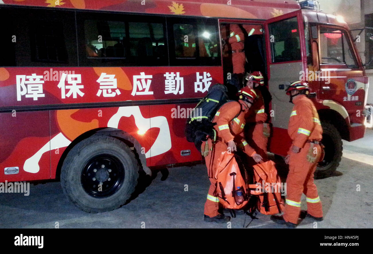 Kunming. 8th Feb, 2017. Fire fighters gather for a quake rescue mission in Zhaotong, southwest China's Yunnan Province, Feb. 8, 2017. A magnitude 4.9 earthquake hit Ludian County in Yunnan at 7:11 p.m. Wednesday, according to the China Earthquake Networks Center. The epicenter was monitored at 27.07 degrees north latitude and 103.36 degrees east longitude. The quake struck at a depth of 10 km, the center said. Credit: Xinhua/Alamy Live News Stock Photo