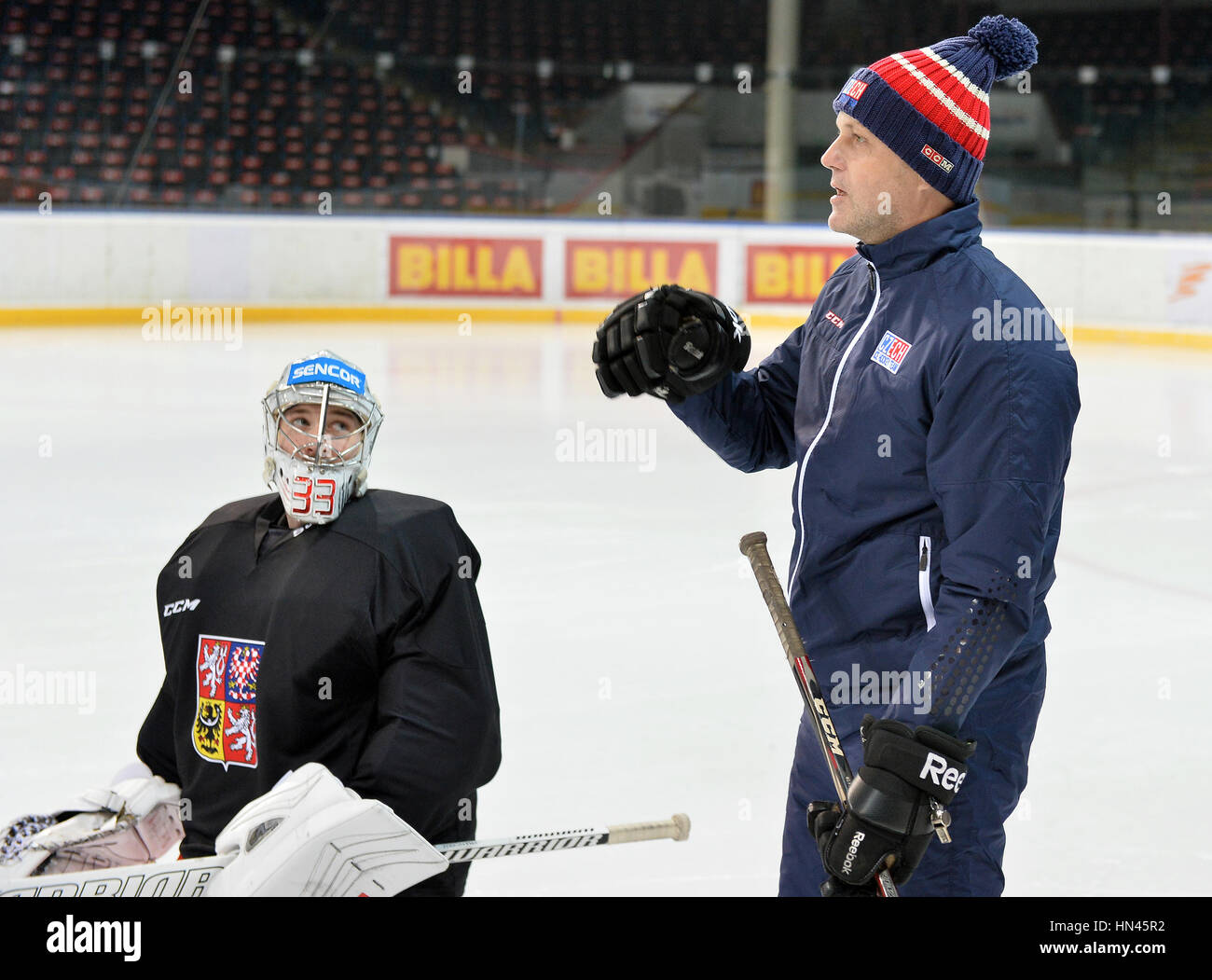 Prague, Czech Republic. 08th Feb, 2017. The Czech national ice-hockey team's player goalie Pavel Francouz and coach of goalies Zdenek Orct in action during the training session prior to the February Sweden Games in Gothenburg in Prague, Czech Republic, February 8, 2017. Sweden Games, the third part of the European Hockey Tour (EHT) series, will take place on February 9-12. Credit: Katerina Sulova/CTK Photo/Alamy Live News Stock Photo