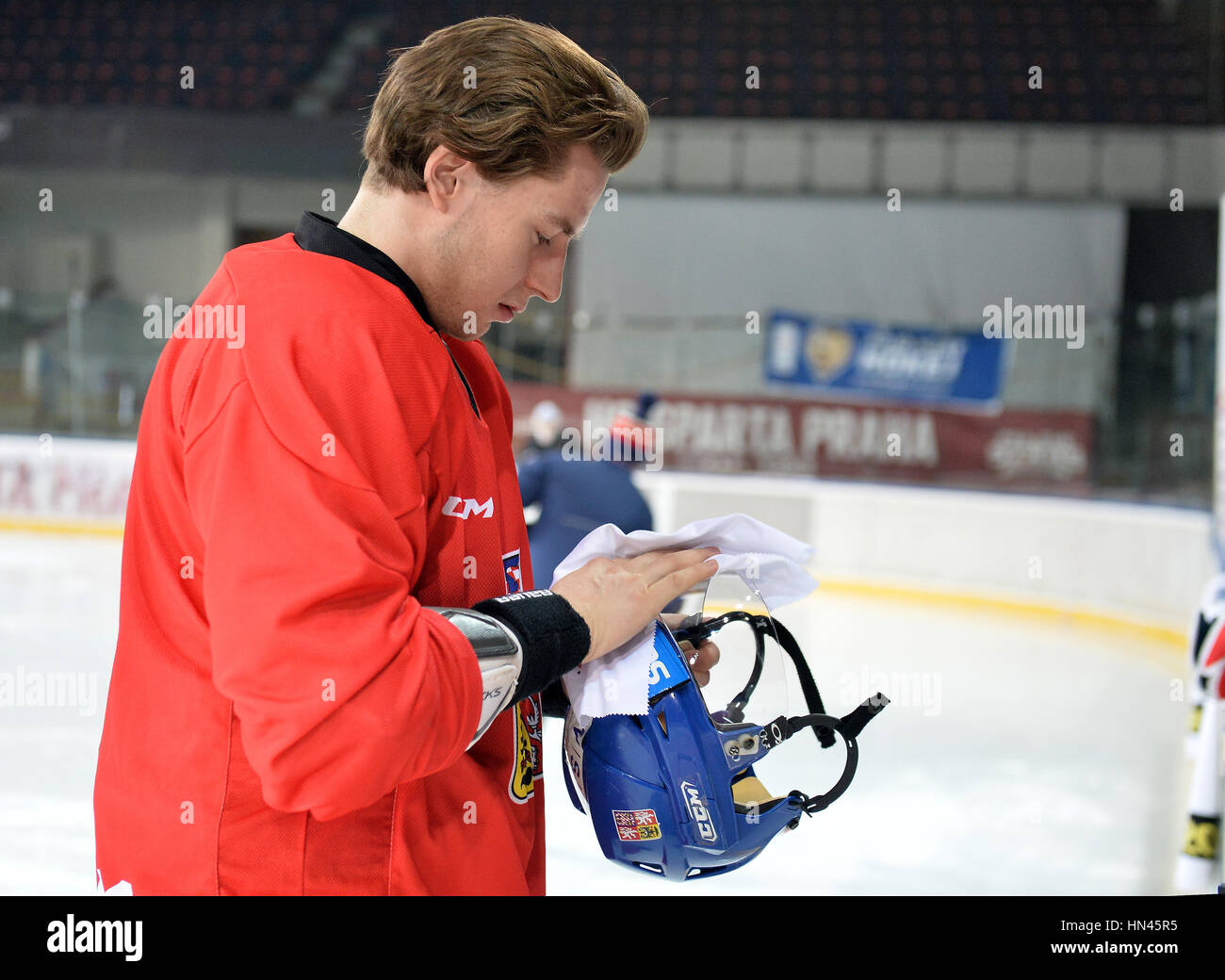 Prague, Czech Republic. 08th Feb, 2017. The Czech national ice-hockey team's player Lukas Klok in action during the training session prior to the February Sweden Games in Gothenburg in Prague, Czech Republic, February 8, 2017. Sweden Games, the third part of the European Hockey Tour (EHT) series, will take place on February 9-12. Credit: Katerina Sulova/CTK Photo/Alamy Live News Stock Photo