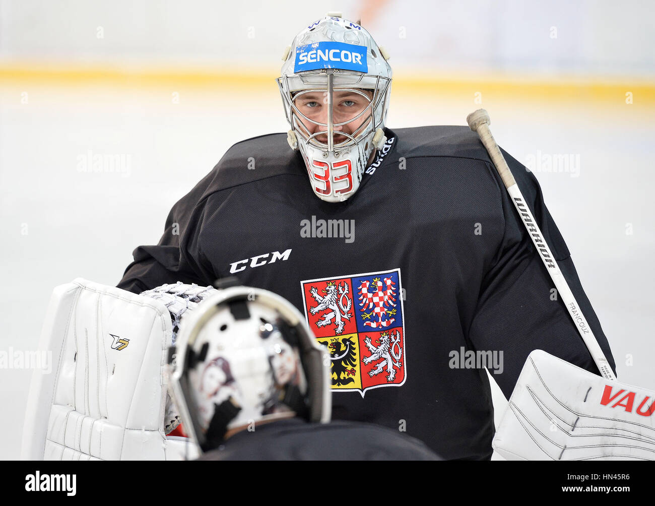 Prague, Czech Republic. 08th Feb, 2017. The Czech national ice-hockey team's player goalie Pavel Francouz in action during the training session prior to the February Sweden Games in Gothenburg in Prague, Czech Republic, February 8, 2017. Sweden Games, the third part of the European Hockey Tour (EHT) series, will take place on February 9-12. Credit: Katerina Sulova/CTK Photo/Alamy Live News Stock Photo
