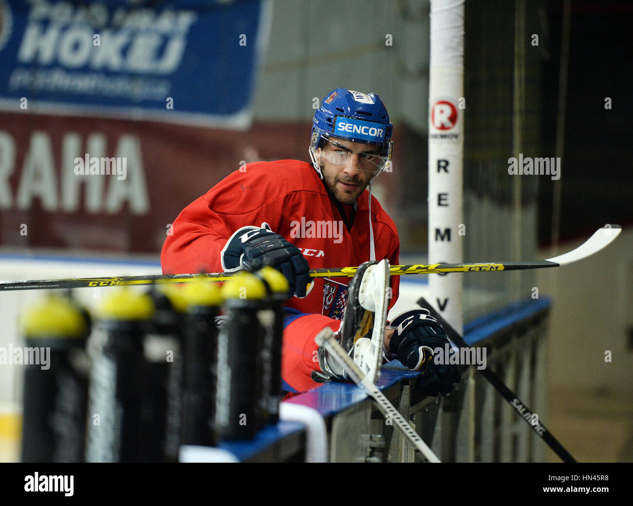 Prague, Czech Republic. 08th Feb, 2017. The Czech national ice-hockey team's player Petr Jelinek in action during the training session prior to the February Sweden Games in Gothenburg in Prague, Czech Republic, February 8, 2017. Sweden Games, the third part of the European Hockey Tour (EHT) series, will take place on February 9-12. Credit: Katerina Sulova/CTK Photo/Alamy Live News Stock Photo