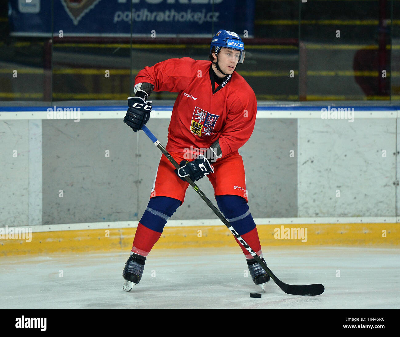 Prague, Czech Republic. 08th Feb, 2017. The Czech national ice-hockey team's player Lukas Klok in action during the training session prior to the February Sweden Games in Gothenburg in Prague, Czech Republic, February 8, 2017. Sweden Games, the third part of the European Hockey Tour (EHT) series, will take place on February 9-12. Credit: Katerina Sulova/CTK Photo/Alamy Live News Stock Photo