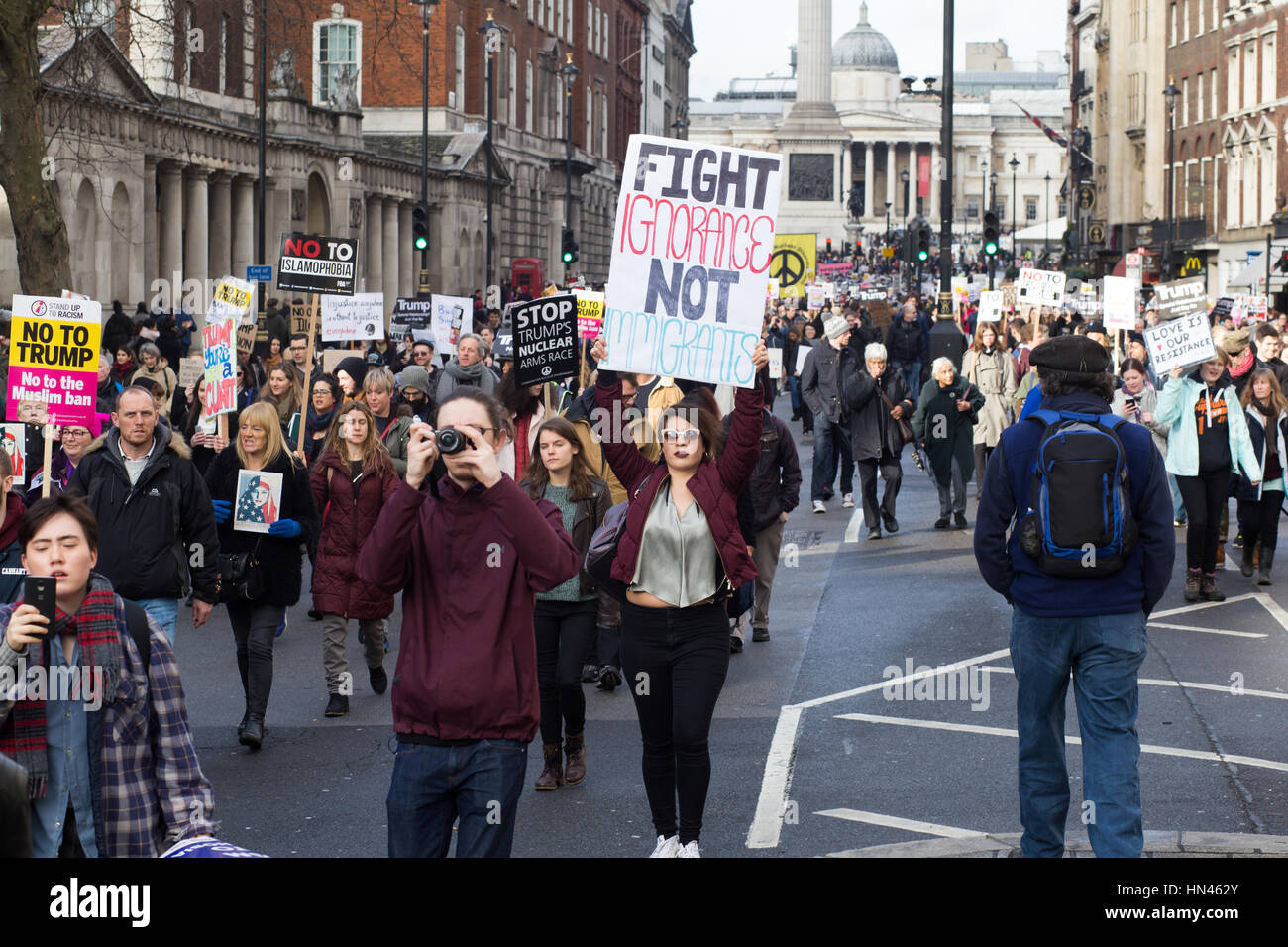 London, UK, 4th Feb, 2017, Protesters arrive at Downing St at the Stop Trump Demo. Credit: Aimvphotography Stock Photo
