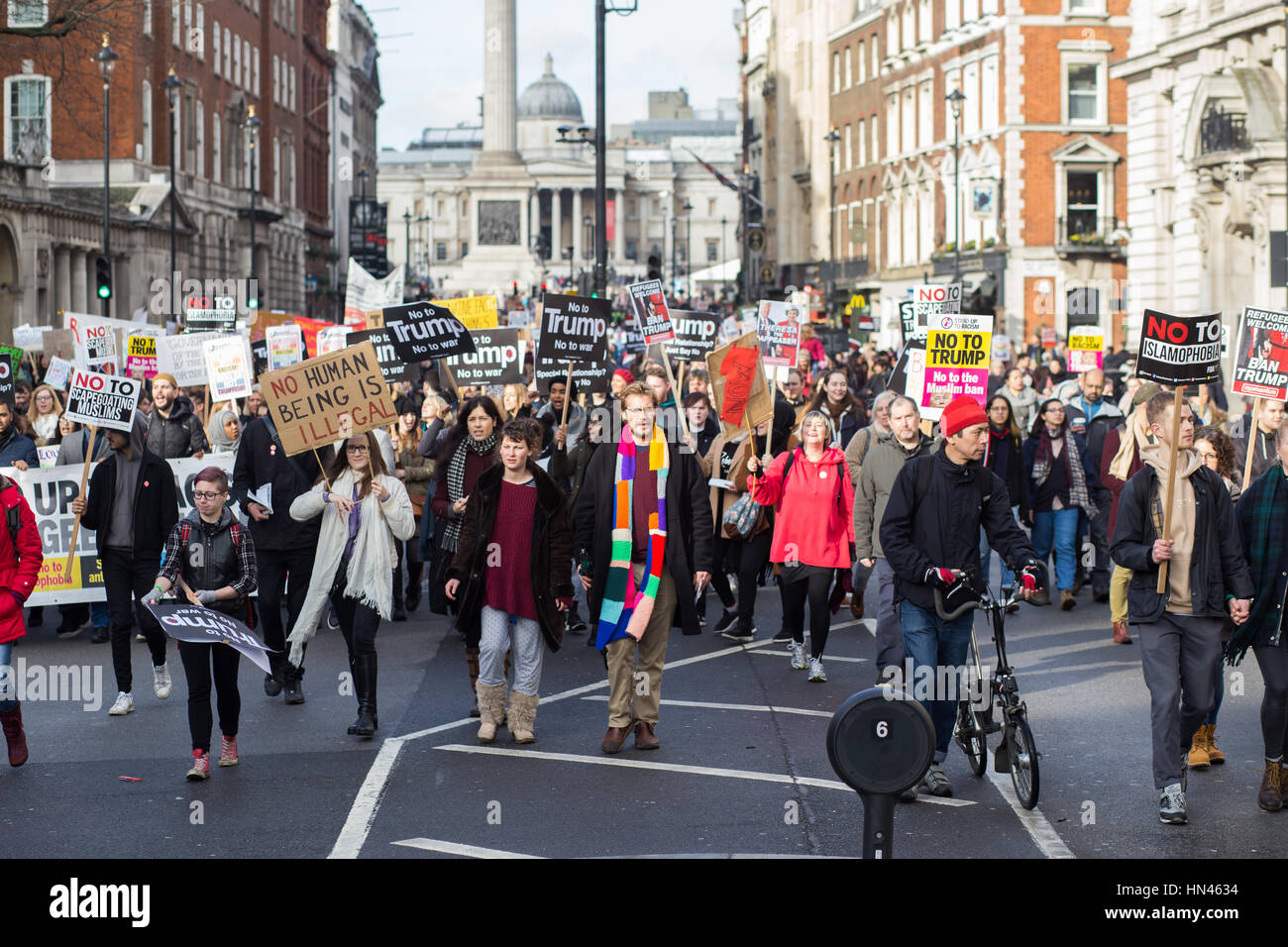 London, UK, 4th Feb, 2017, Protesters arrive at Downing St at the Stop Trump Demo. Credit: Aimvphotography Stock Photo