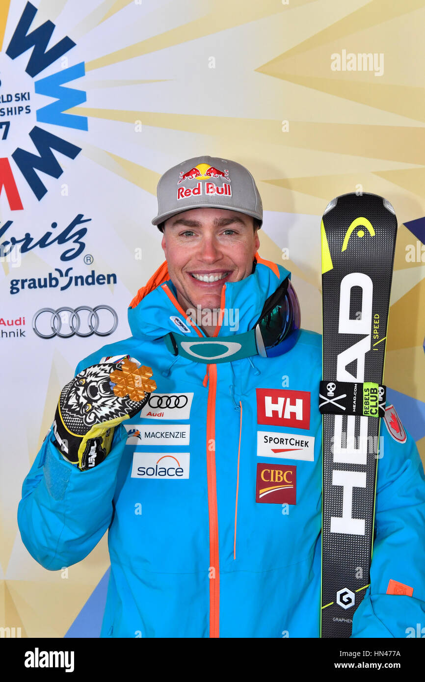 St Moritz, Switzerland. 08th Feb, 2017. Erik Guay (Canada) has won the gold  medal in the Super G men's event at the Alpine Skiing World Cup in St  Moritz, Switzerland, 08 February