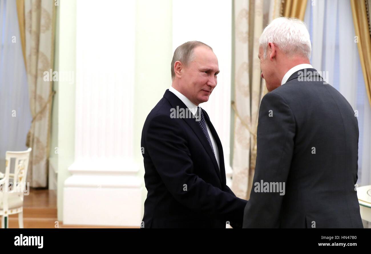 Moscow, Russia. 8th February 2017. Russian President Vladimir Putin greets Chairman of Volkswagen AG Matthias Muller prior to a meeting at the Kremlin February 8, 2017 in Moscow, Russia. Credit: Planetpix/Alamy Live News Stock Photo