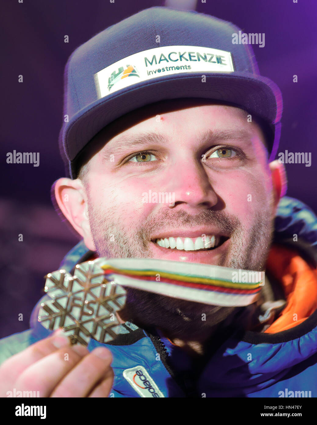 St. Moritz, Germany. 08th Feb, 2017. Manuel Osborne-Paradise of Canada showing his bronze medal at the victory ceremony for the Super G men's event at the Alpine Skiing World Cup in St. Moritz, Germany, 08 February 2017. Photo: Michael Kappeler/dpa/Alamy Live News Stock Photo
