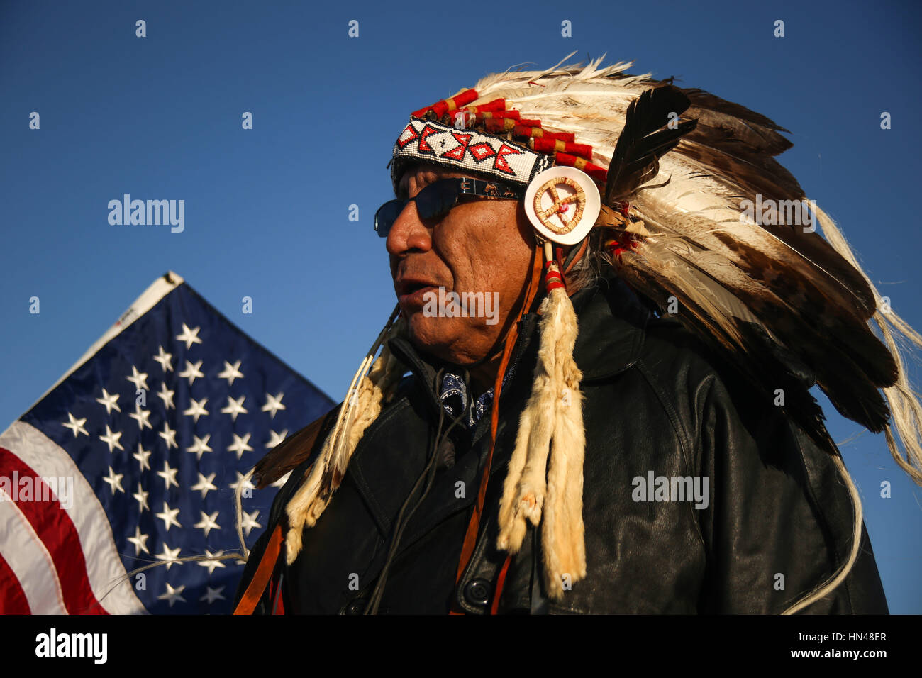Cannon Ball, North Dakota, USA. 12th Jan, 2017. CHIEF ARVOL LOOKING HORSE speaks to members of the Woodland Cree Tribe at the pipeline protest site located on US Army Corps land in Cannon Ball, North Dakota.Land managed by the Army Corps of Engineers where the pipeline has been routed is disputed by protestors to be land of the Standing Rock Sioux Tribe as a result of the 1851 Treaty of Fort Laramie. The treaty established Native American territories and interaction between the tribe and the United States, but was not respected by non-Indians. The treaty council met again to resolve some Stock Photo