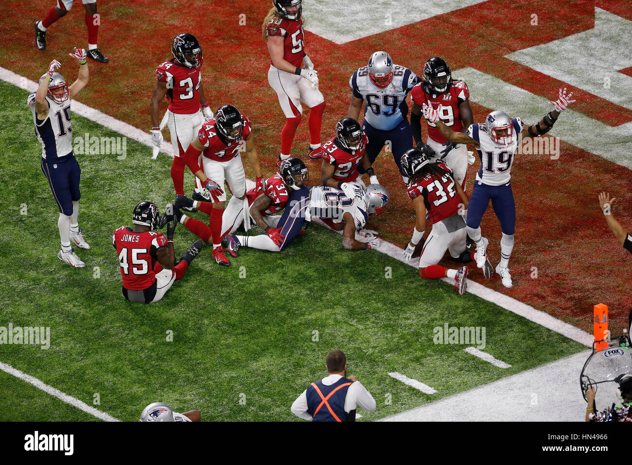 February 05, 2017 New England Patriots running back James White (28) scores  the game winning touchdown in overtime during Super Bowl LI between the New  England Patriots and the Atlanta Falcons at