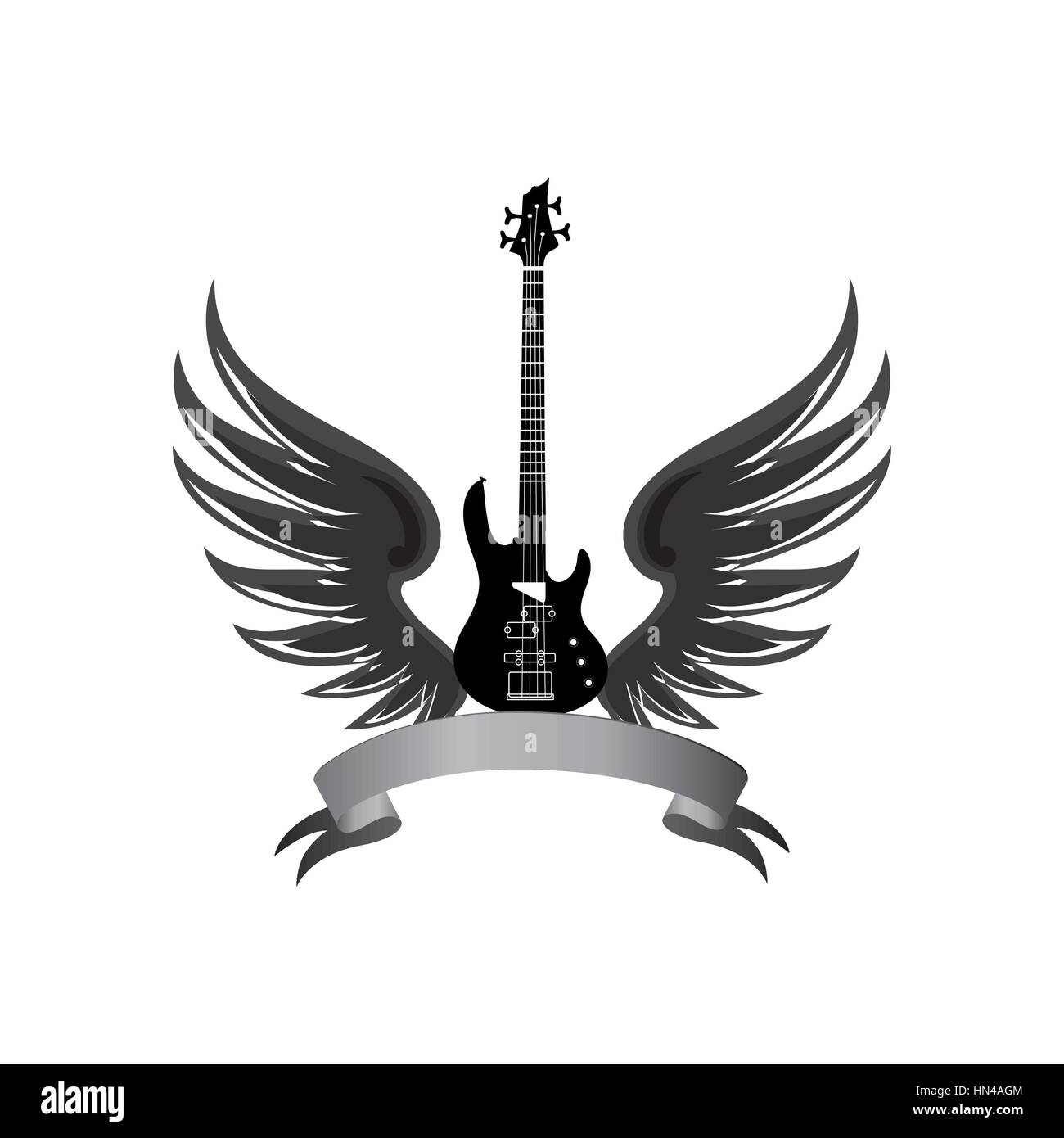 musical illustration with silhouettes of guitar, wings. Rock music