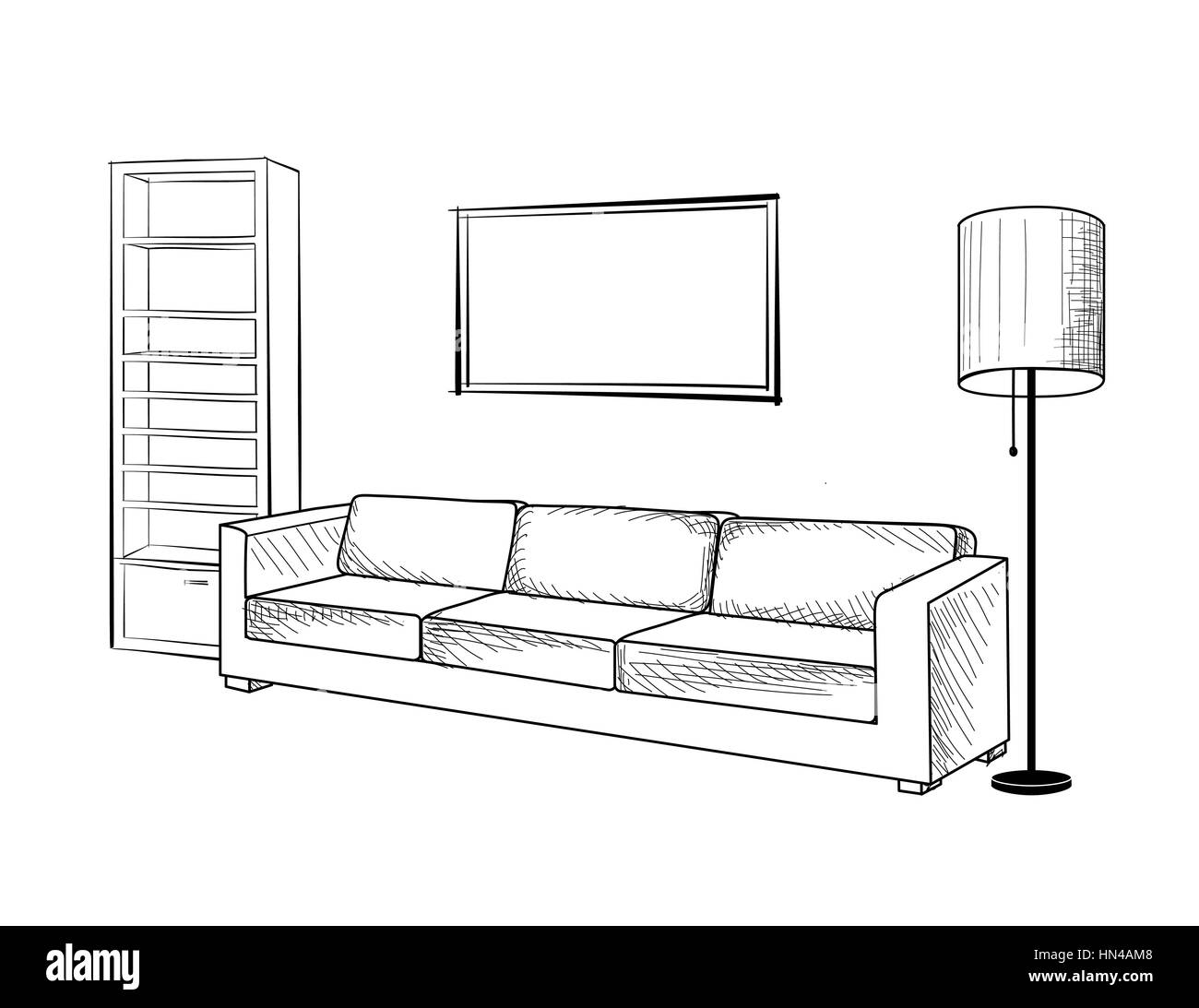 Interior furniture with sofa, floor lamp, book shelf, books and picture on the wall. Living room hnd drawing design. Stock Vector