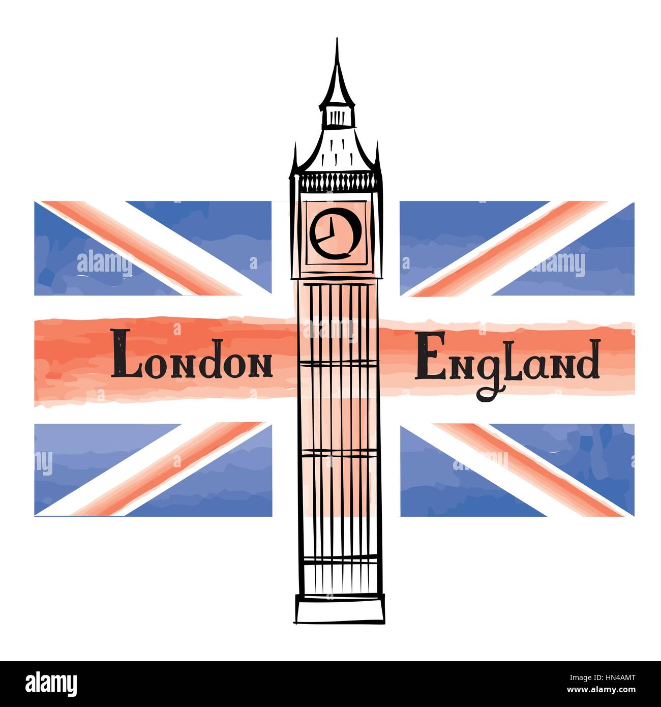 Grunge UK flag with London famous Westminster abbey tower. Travel Great Britain  background with painted UK flag. English landmark Big Ben Stock Vector