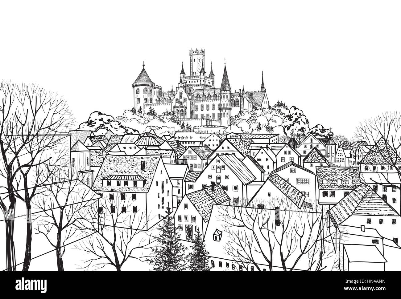 Old city view with castle on background. Medieval european castle landscape. Pencil drawn vector sketch Stock Vector