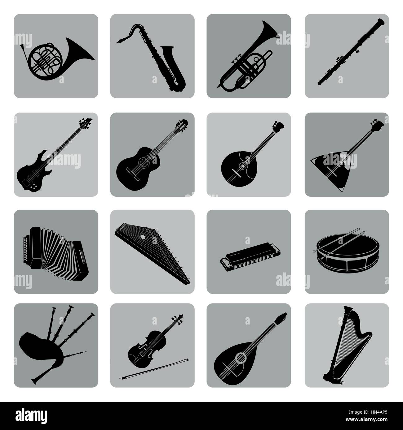 Musical instruments icon set. Folk, classical, jazz, ethnic, rock music