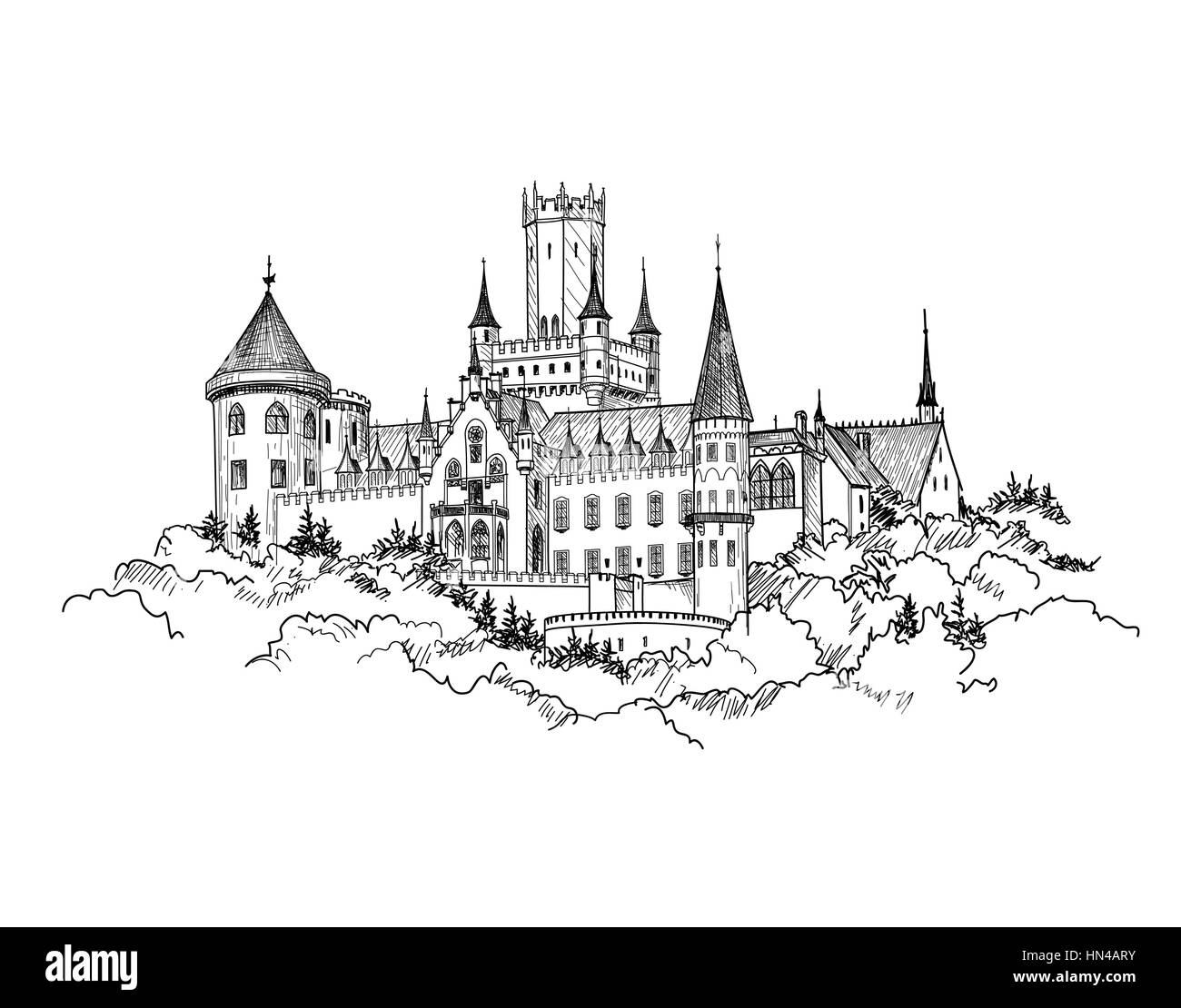 Famous Castle Marienburg, Saxony, Germany. Castle building landscape. Hand drawn sketch vector illustration. Stock Vector