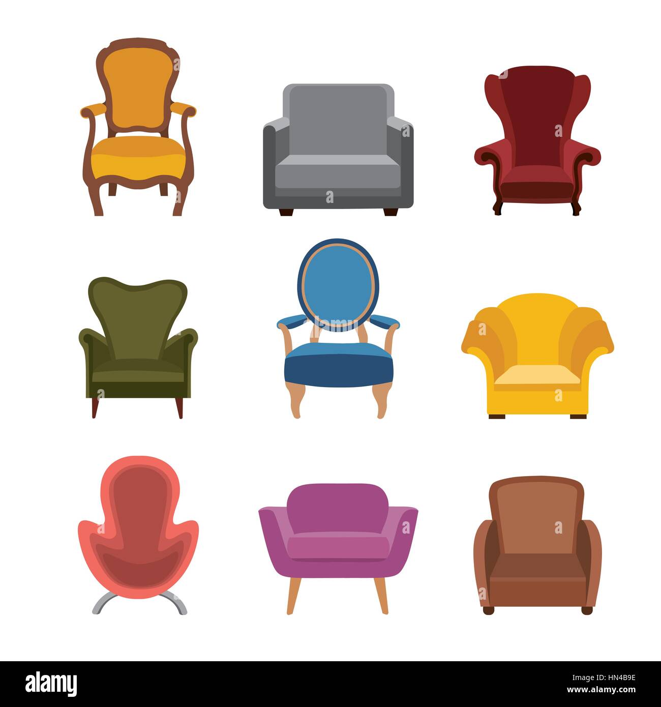 Chairs and armchairs icons set. Furniture collection of different armchairs in flat style. Stock Vector