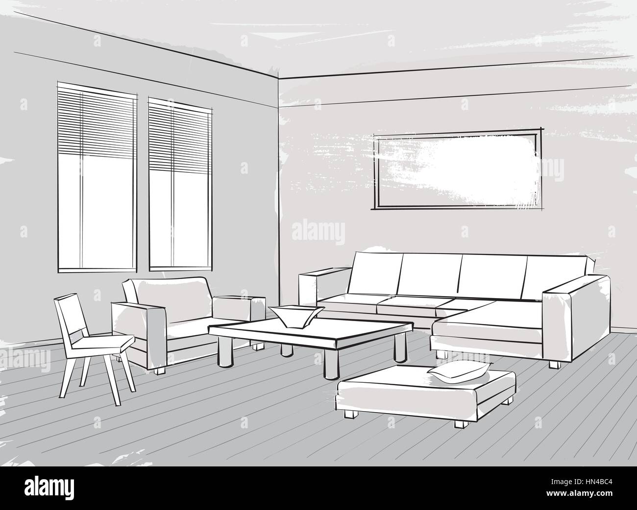 Sketch of interior. Beautiful room. Living room furniture Stock Vector