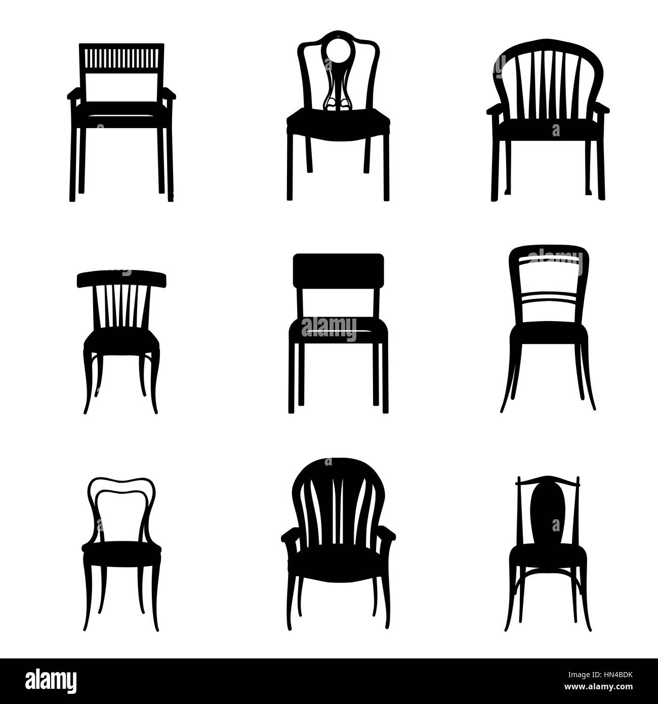 Chairs and Armchairs Silhouette Set. Modern and Ancient Furniture collection for home, office, restraunt, cafe Stock Vector