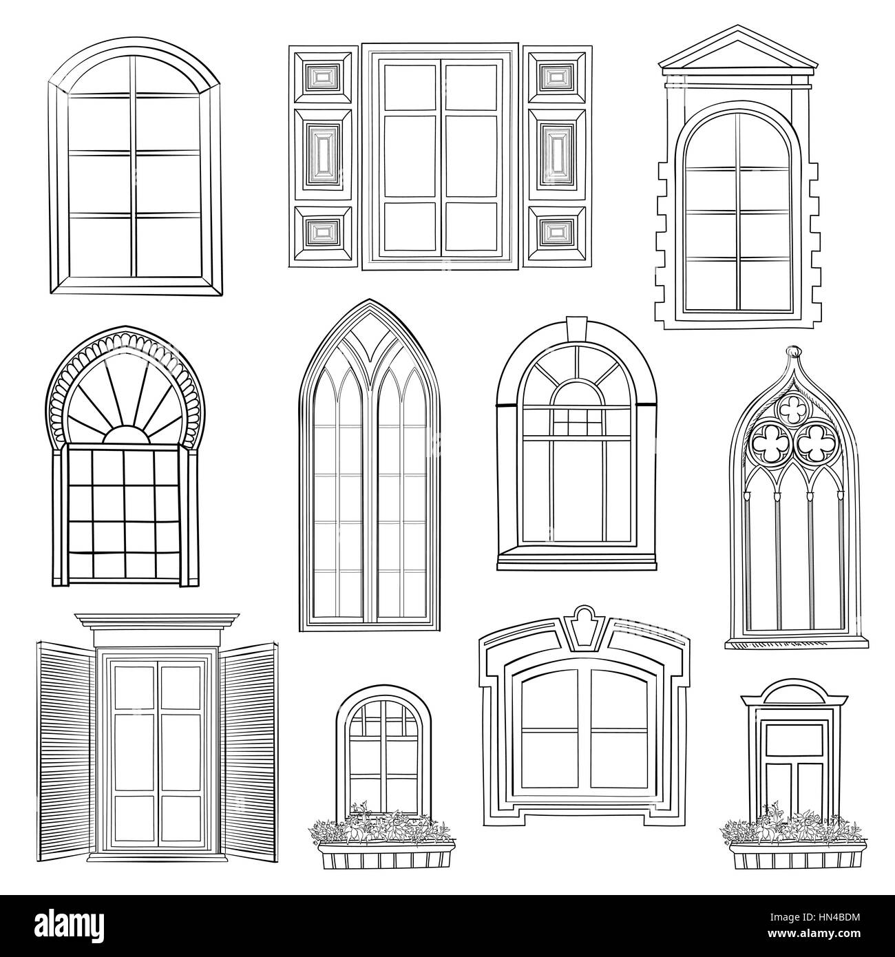 Window set. Different architectural style of windows doodle sketch stylish collection Stock Vector