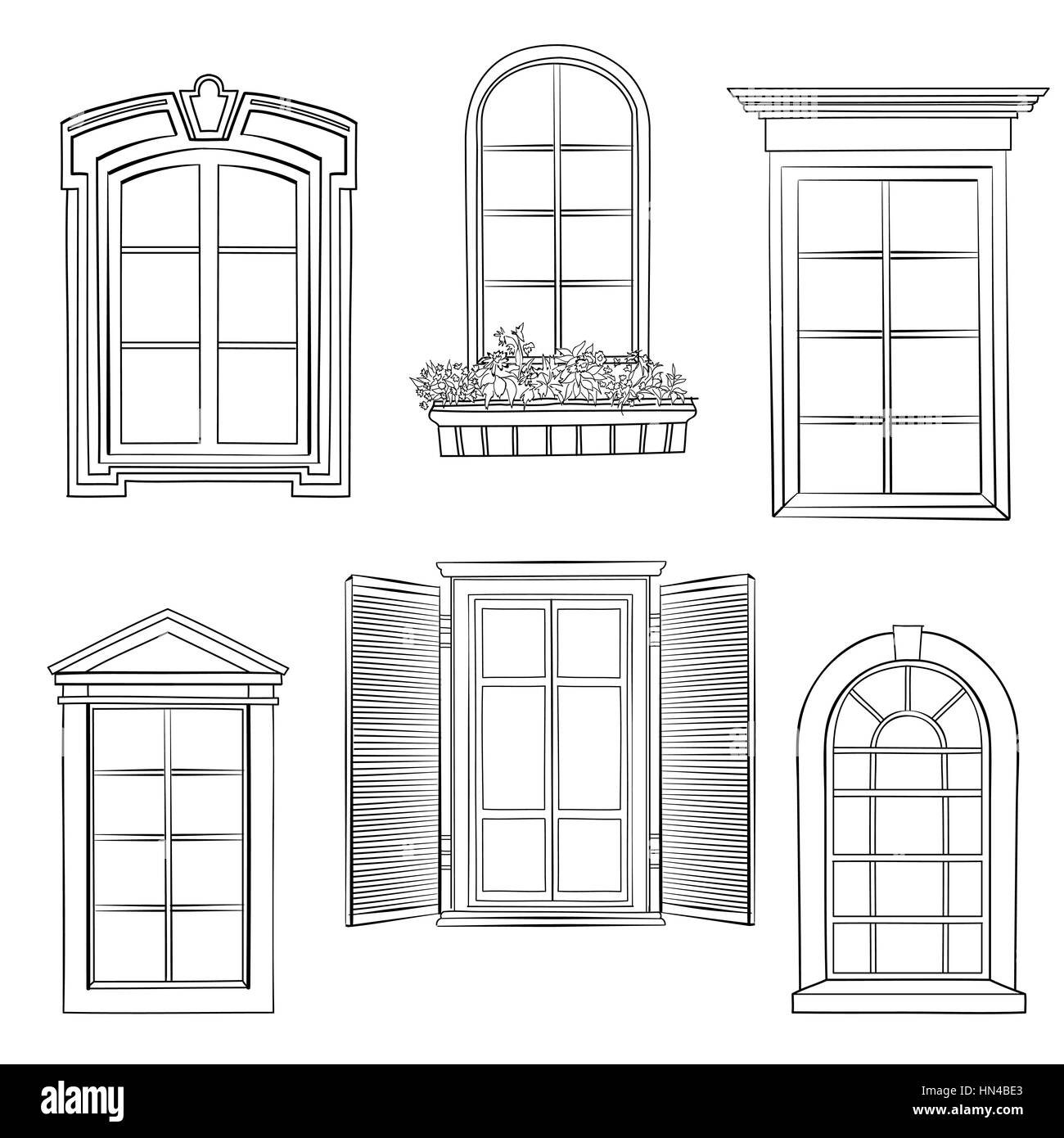 Window set. Different architectural style of windows doodle sketch stylish collection Stock Vector