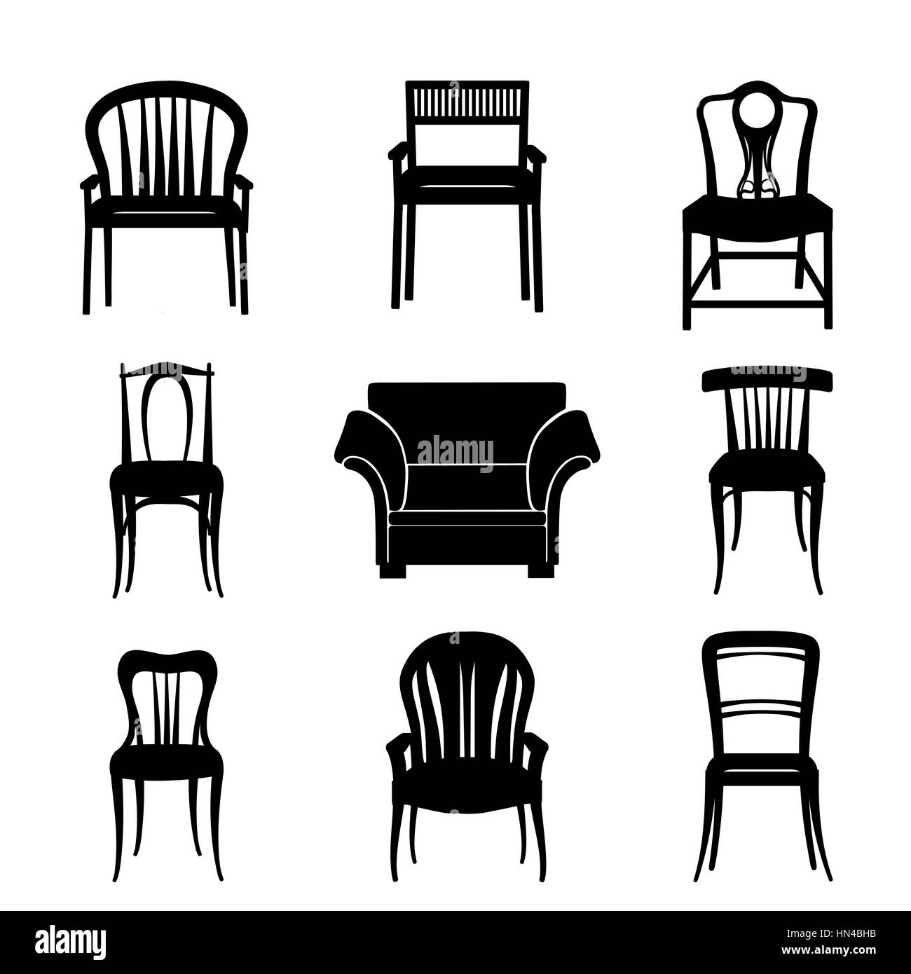 Armchair and chair set silhouette in retro style Furniture for sitting collection Stock Vector
