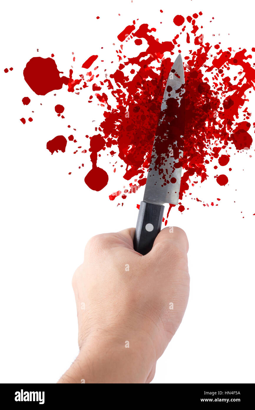 hand hold knife isolated on white, halloween bloody murder or death crime killer violation concept. Stock Photo