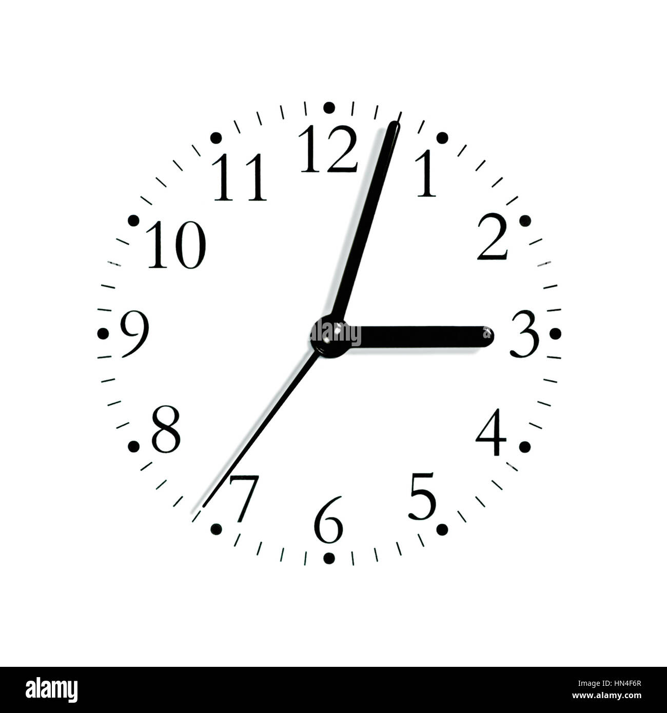 Black and white analogue clock face dial reading 303 PM, isolated