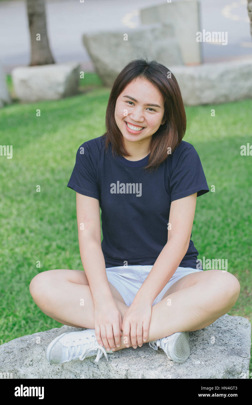 Single Asian Women Teen Cute Short Hair Friendly Smiley In The Green Stock Photo Alamy