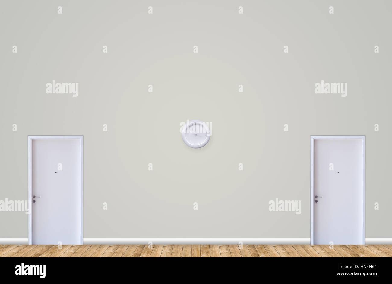two door room two ways concept, white doors difference ways for select room concept. Stock Photo
