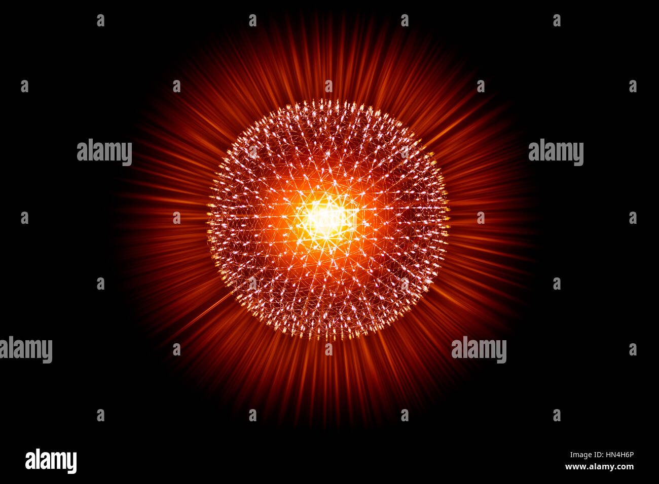 CG model structure form of Nucleus Atom Nuclear explode bomb emit x-ray radiation or light injection of magnetic fields and particles from the central Stock Photo