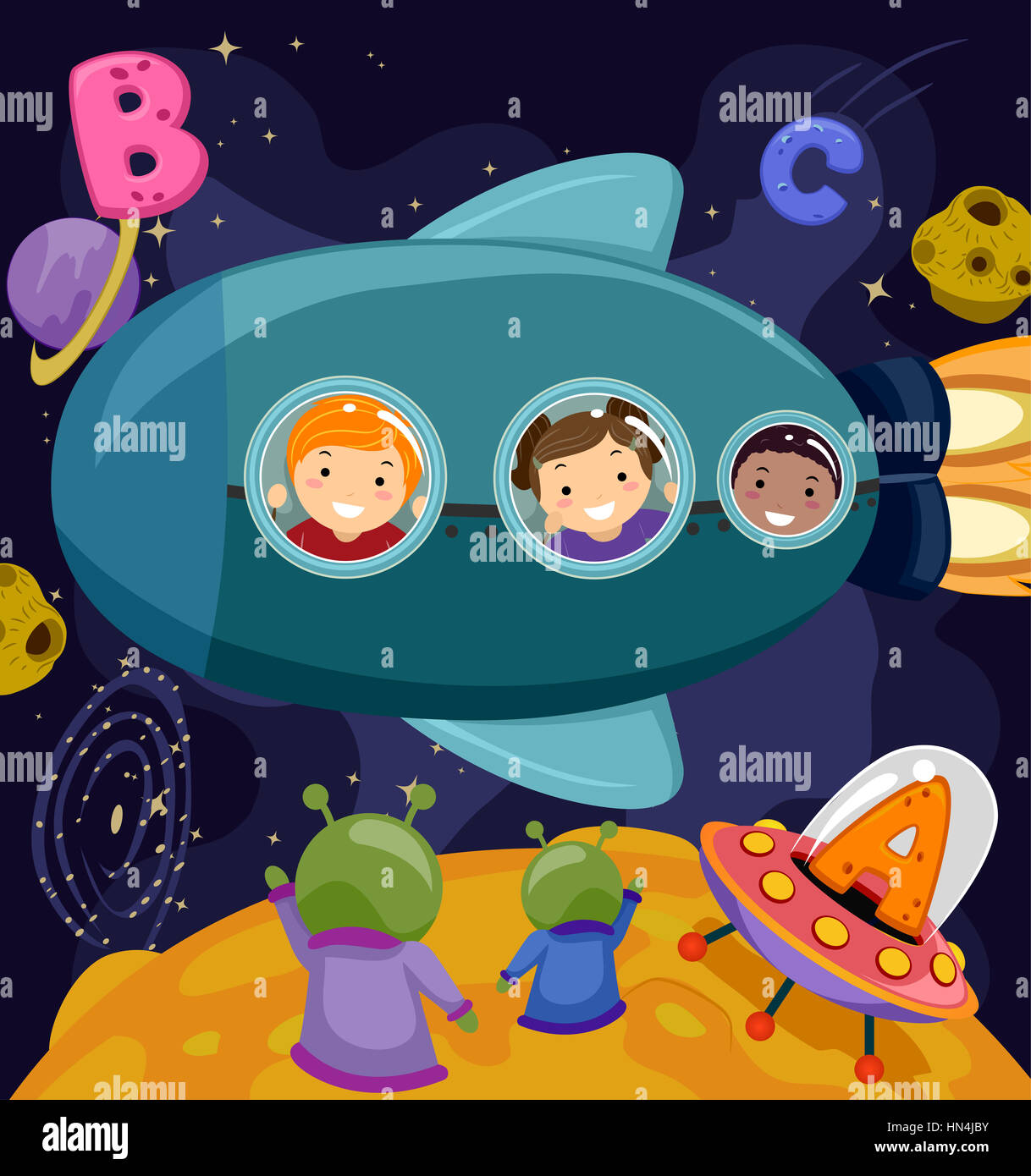 Stickman Illustration of Kids Waving at Aliens Stock Photo - Alamy