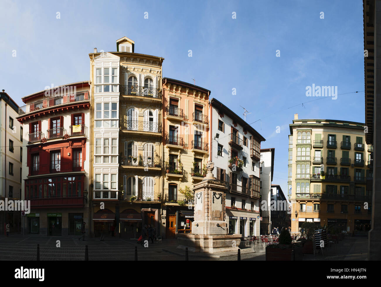 Spain, skyline of Plaza de Santiago, Santiago Square, the center of Casco Viejo, the oldest district and the original nucleus of the city of Bilbao Stock Photo