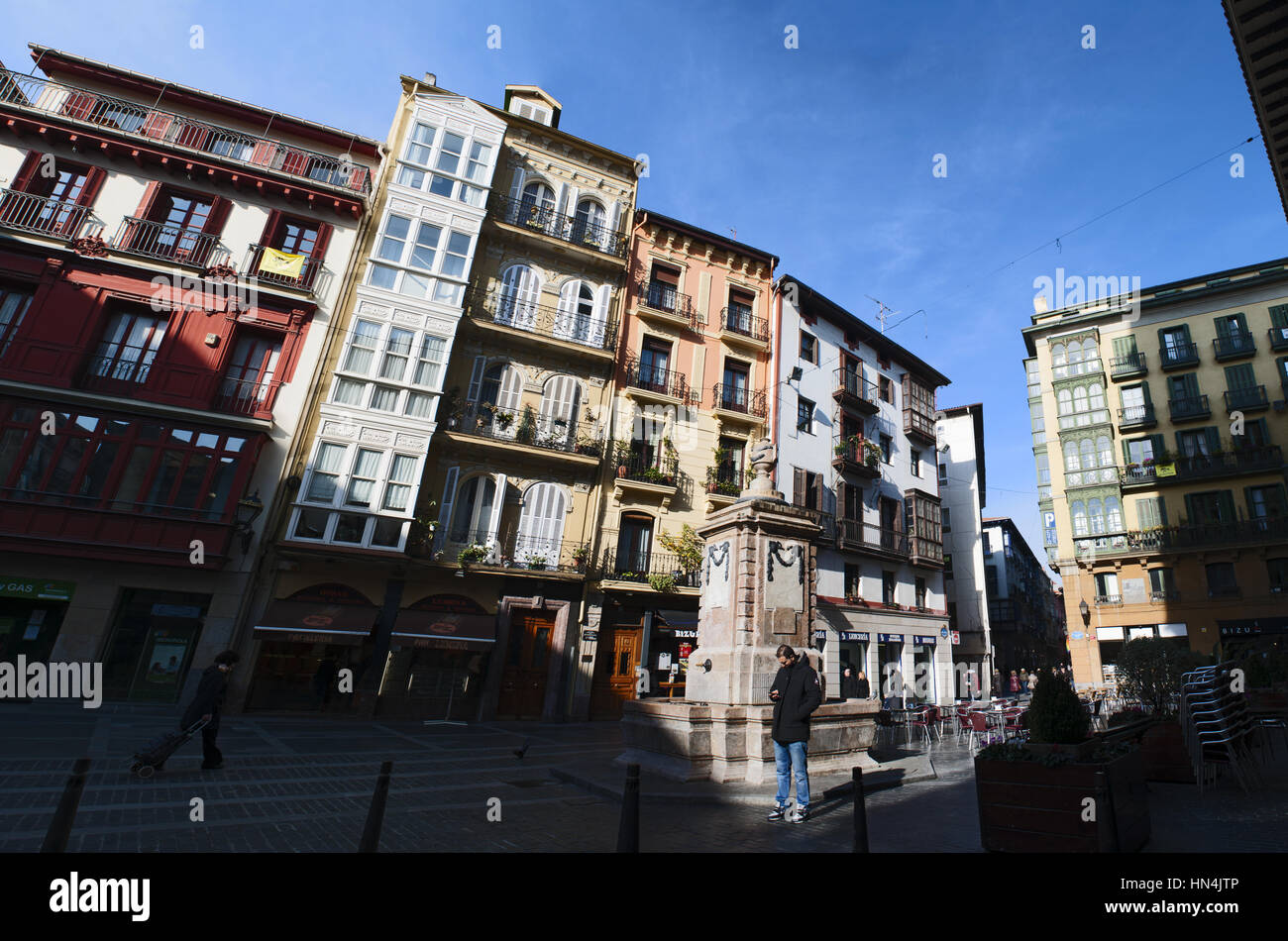 Spain, skyline of Plaza de Santiago, Santiago Square, the center of Casco Viejo, the oldest district and the original nucleus of the city of Bilbao Stock Photo