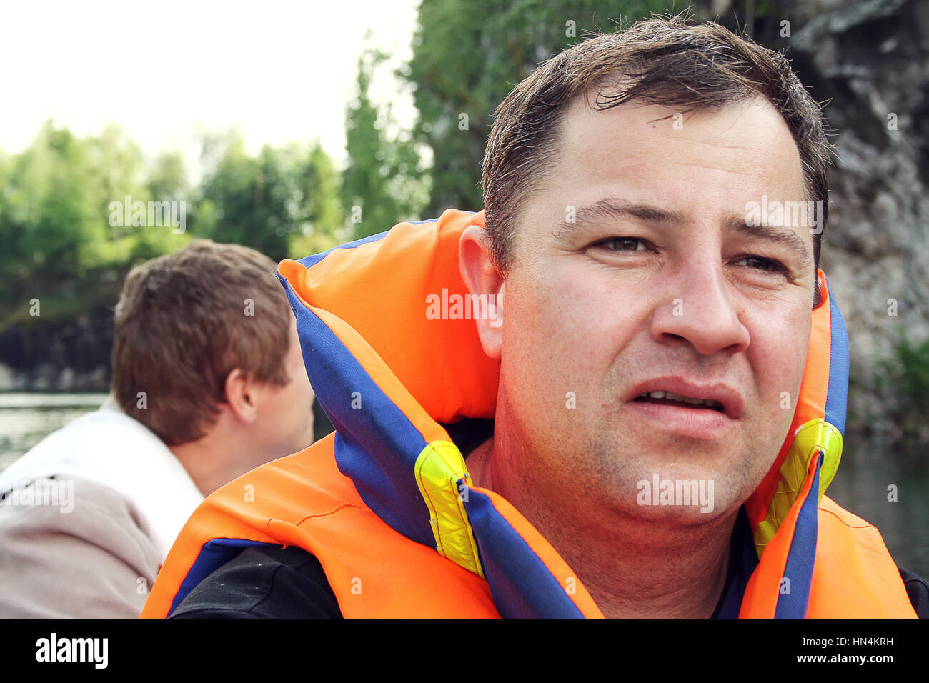 Two men float down the river by boat. Travel Karelia Stock Photo Alamy