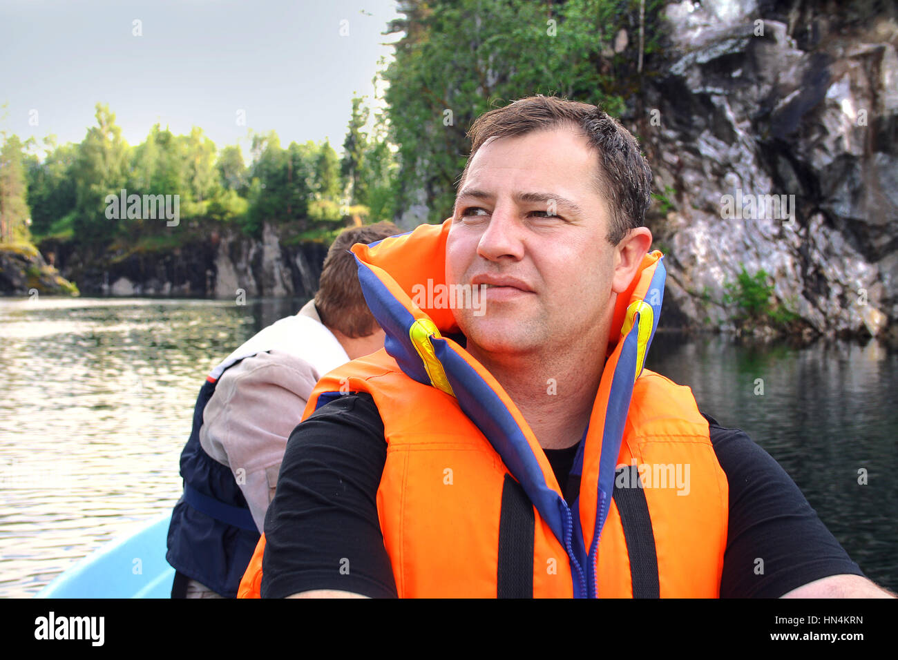 Two men float down the river by boat. Travel Karelia Stock Photo Alamy