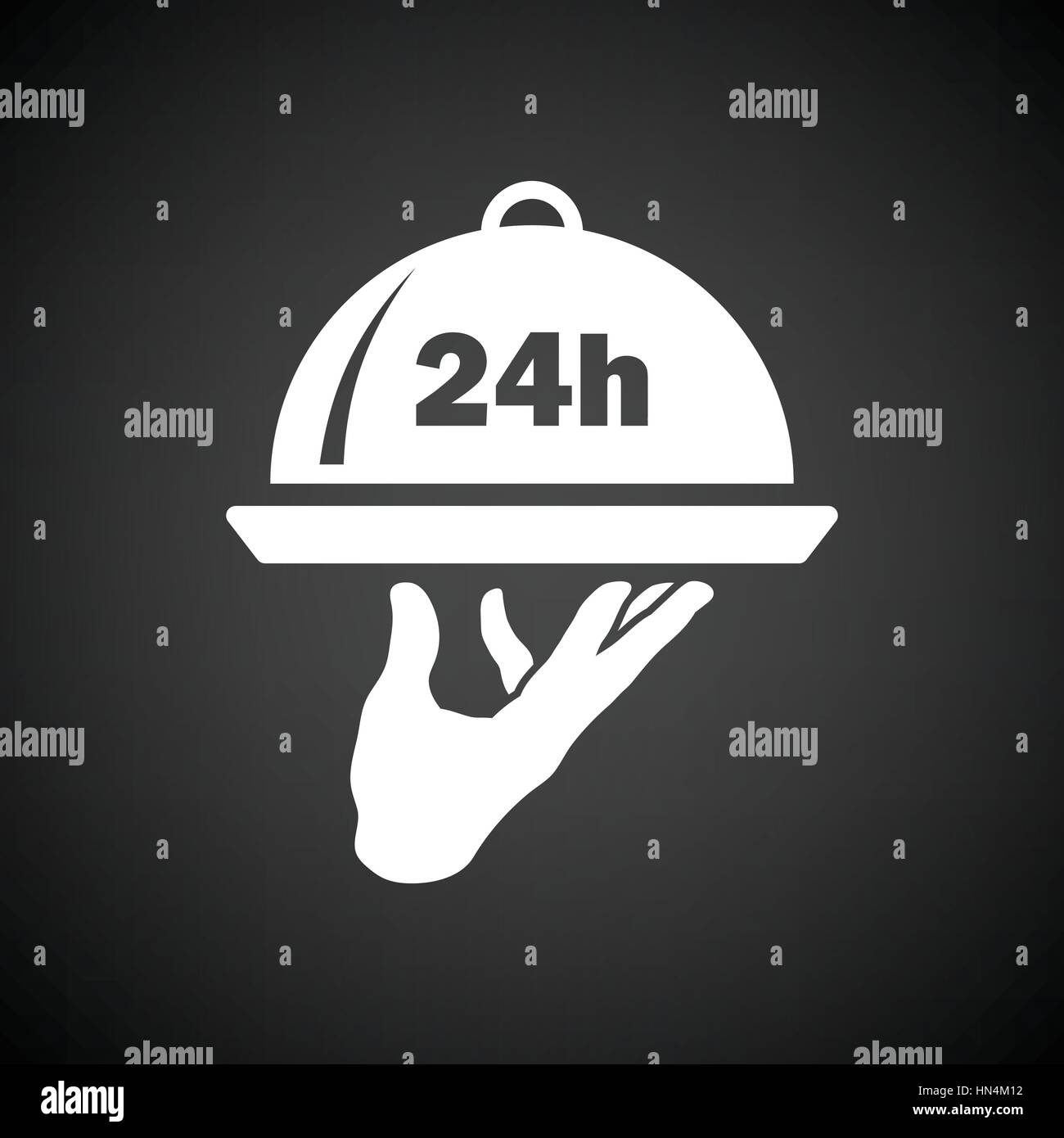 24 hour room service icon. Black background with white. Vector