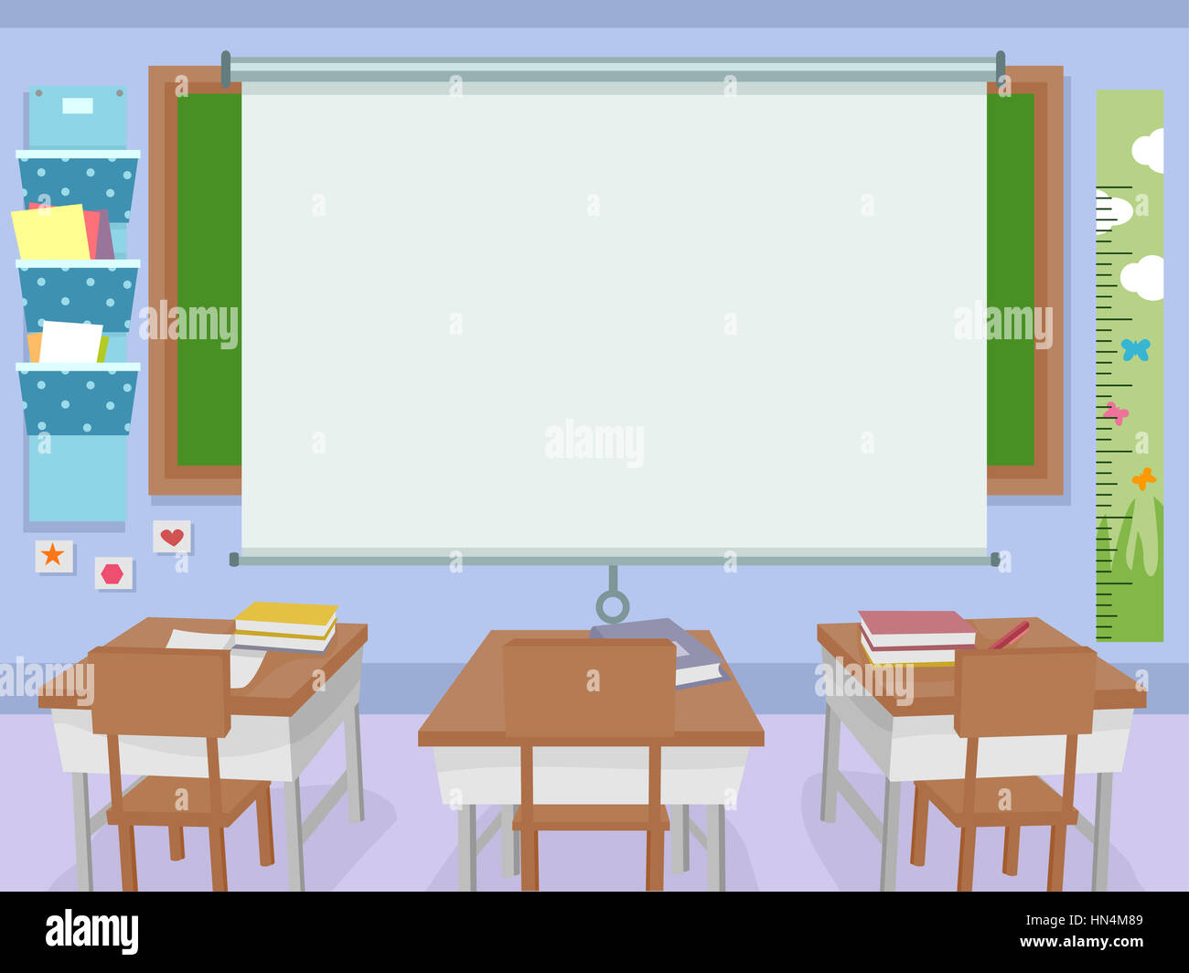 Illustration of a Classroom with a Huge Projector Screen in Front Stock Photo