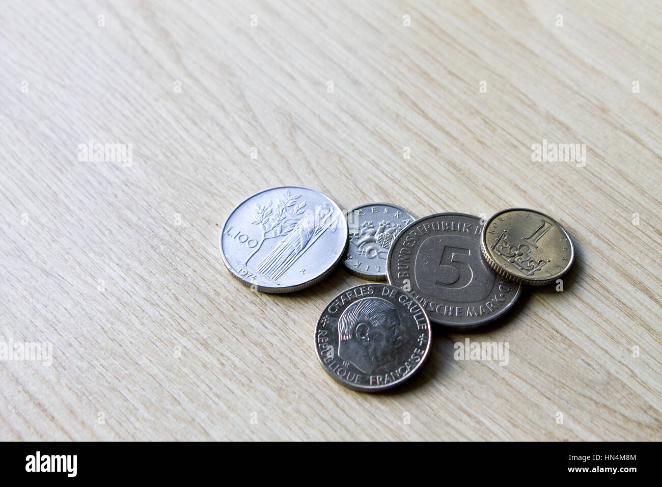 Old coins, comparison,Antiquarian coins of Switzerland, Germany, France Italy Spain Stock Photo