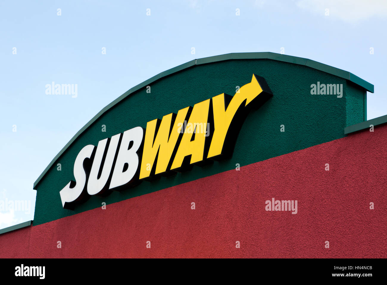 Sign on Subway fast food sandwich shop near the motorway A1. Subway is the world's largest fast food franchising brand Stock Photo