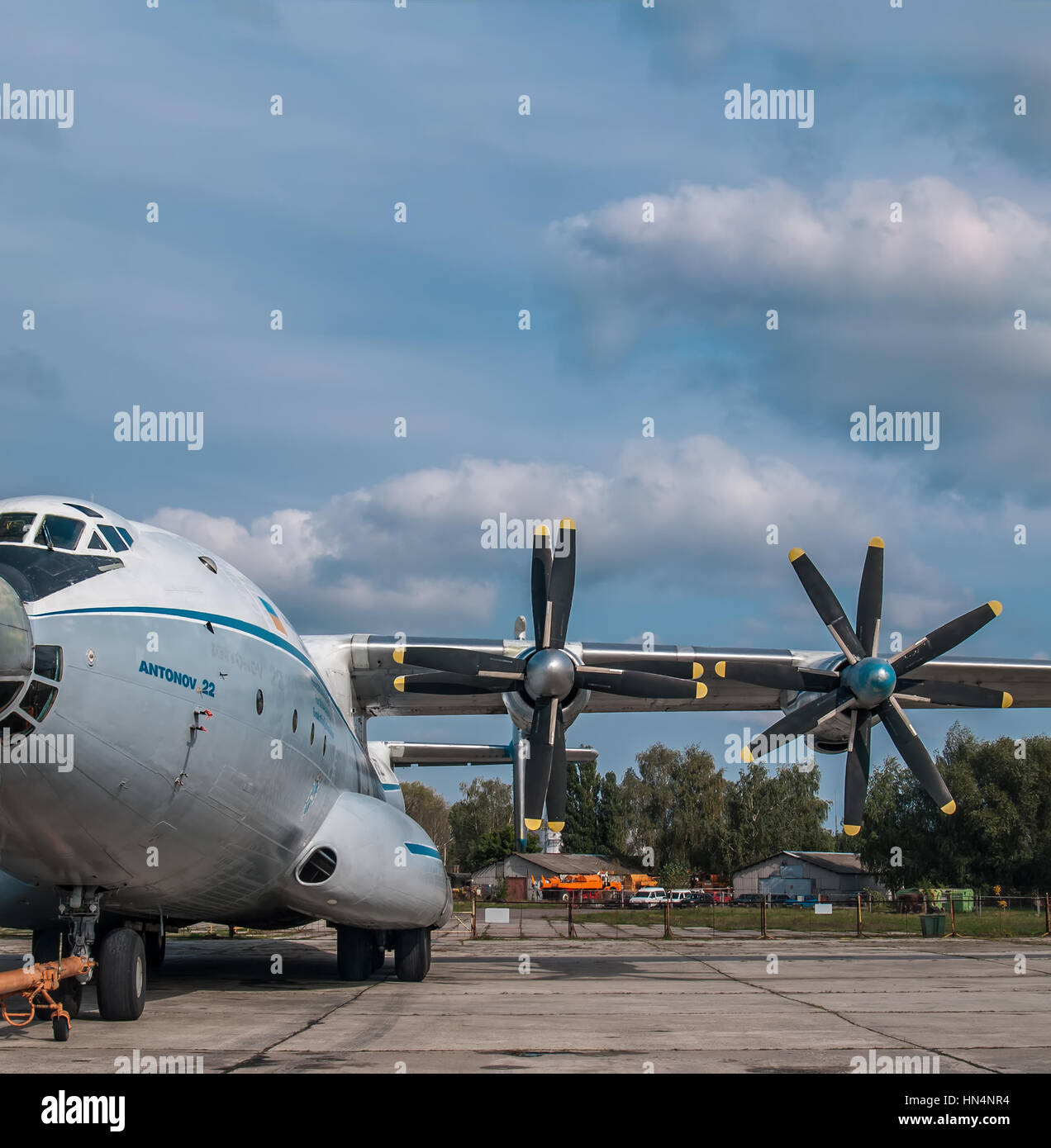 Kiev Region, Ukraine - September 25, 2008: Antonov An-22 turboprop cargo plane parked on the airfield Stock Photo
