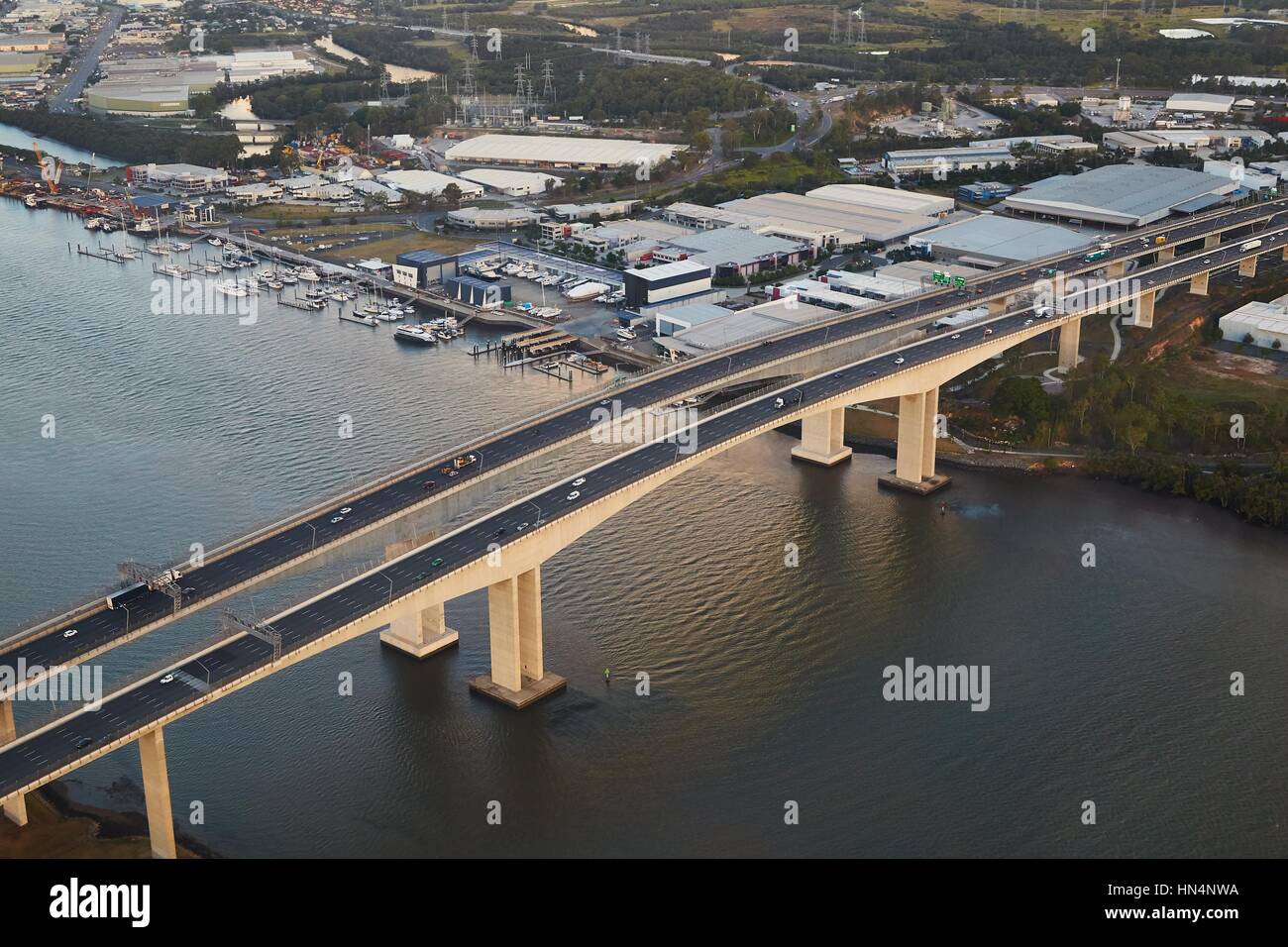 Aerial view of the Sir Leo Hielscher Bridges or Gateway Bridge on the Gateway Motorway M1 in