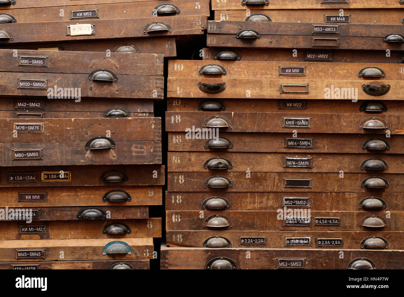 Backgrounds and textures: very old wooden cabinet with drawers Stock