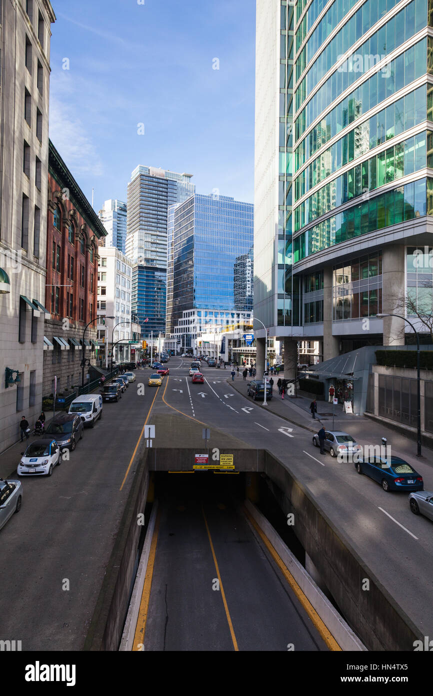 Scene along Cordova Street towards the Howe Street intersection in
