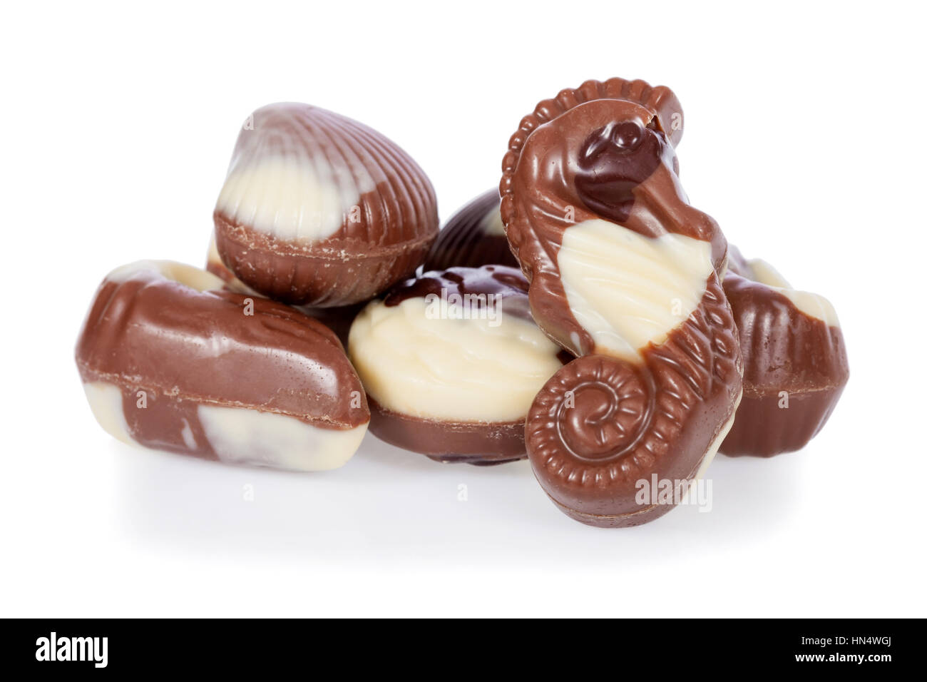 Belgian bonbons shaped as seashells isolated on white background Stock Photo