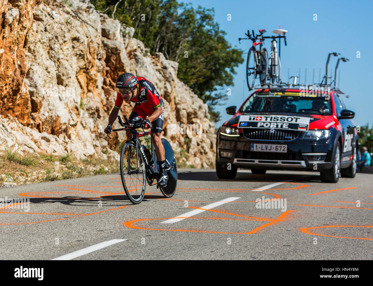 Col du Serre de Tourre,France - July 15,2016: The Australian cyclist Richie Porte of BMC Racing Team riding during an individual time trial stage in A Stock Photo