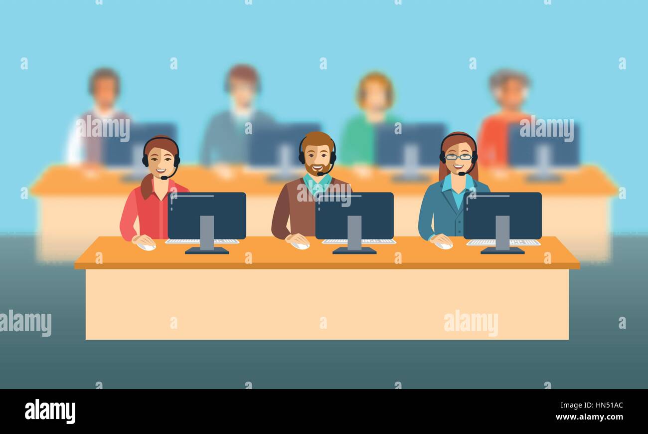 Call center agents team at office. Flat vector banner. Customer care